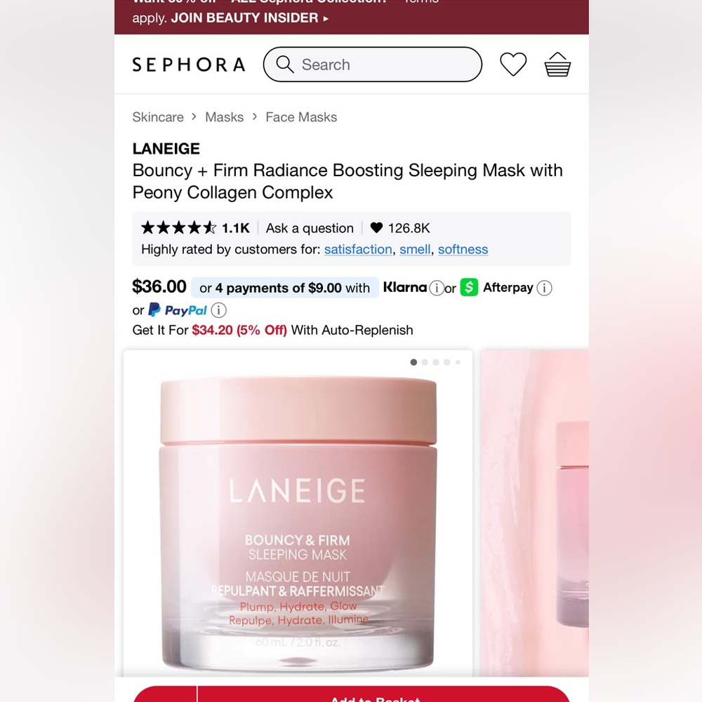 LANEIGE Pink Bouncy + Firm Sleeping Mask - New in box!